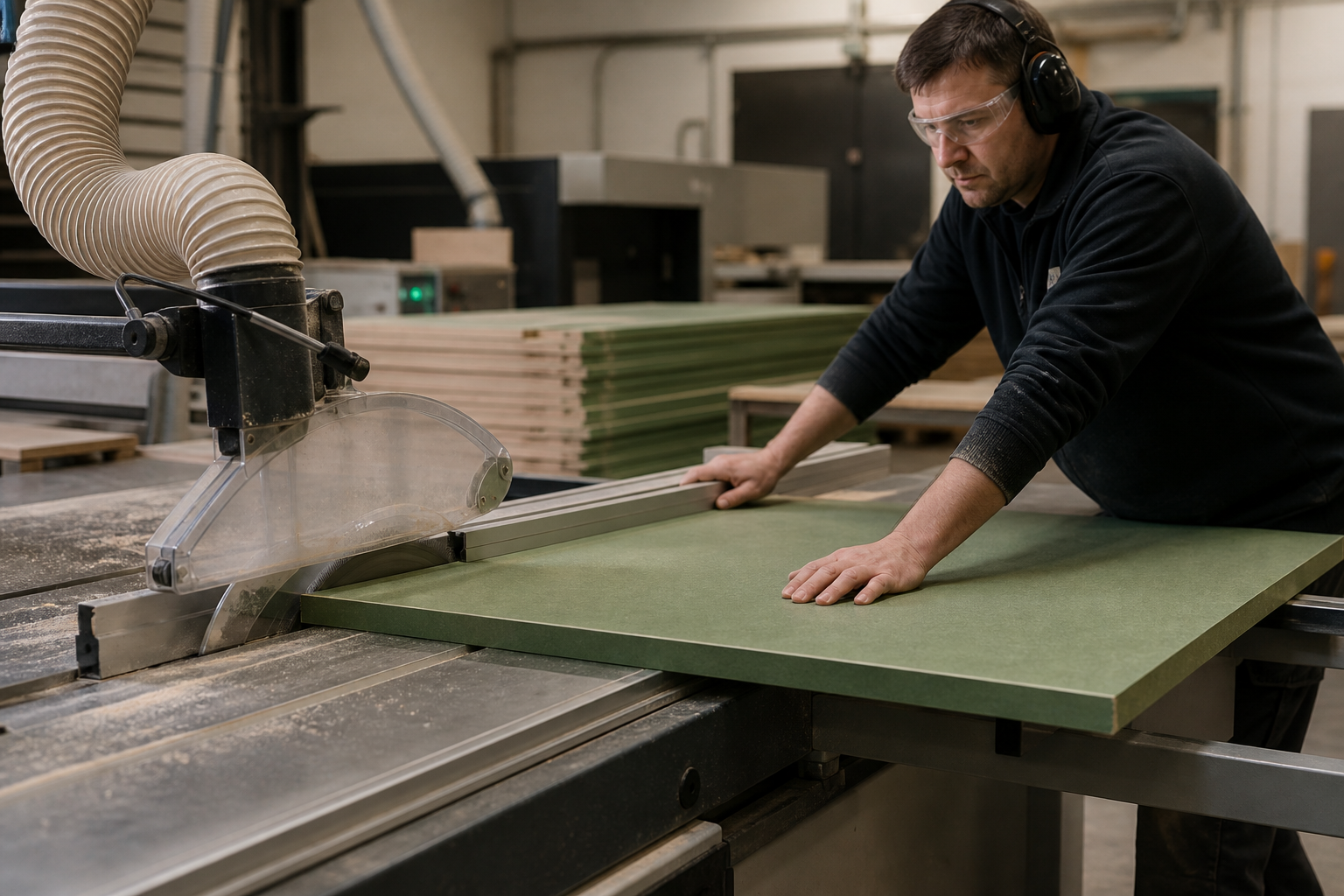 Panel saw cutting moisture-resistant MDF in a professional workshop