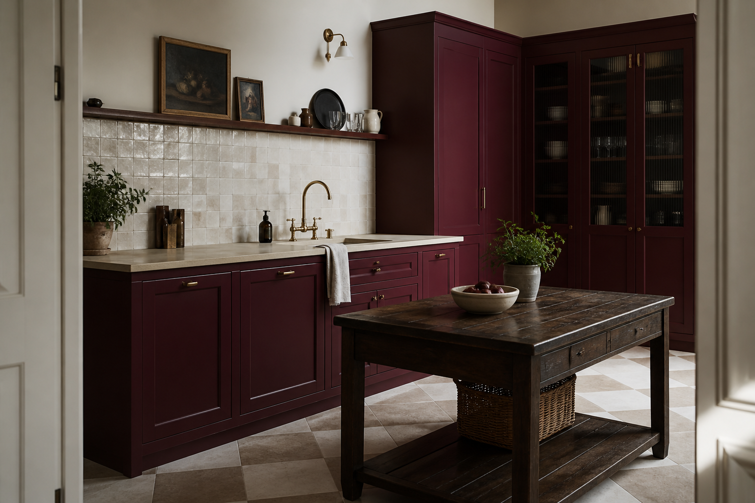 Demonstration of a bespoke oxblood Shaker kitchen with limestone surfaces