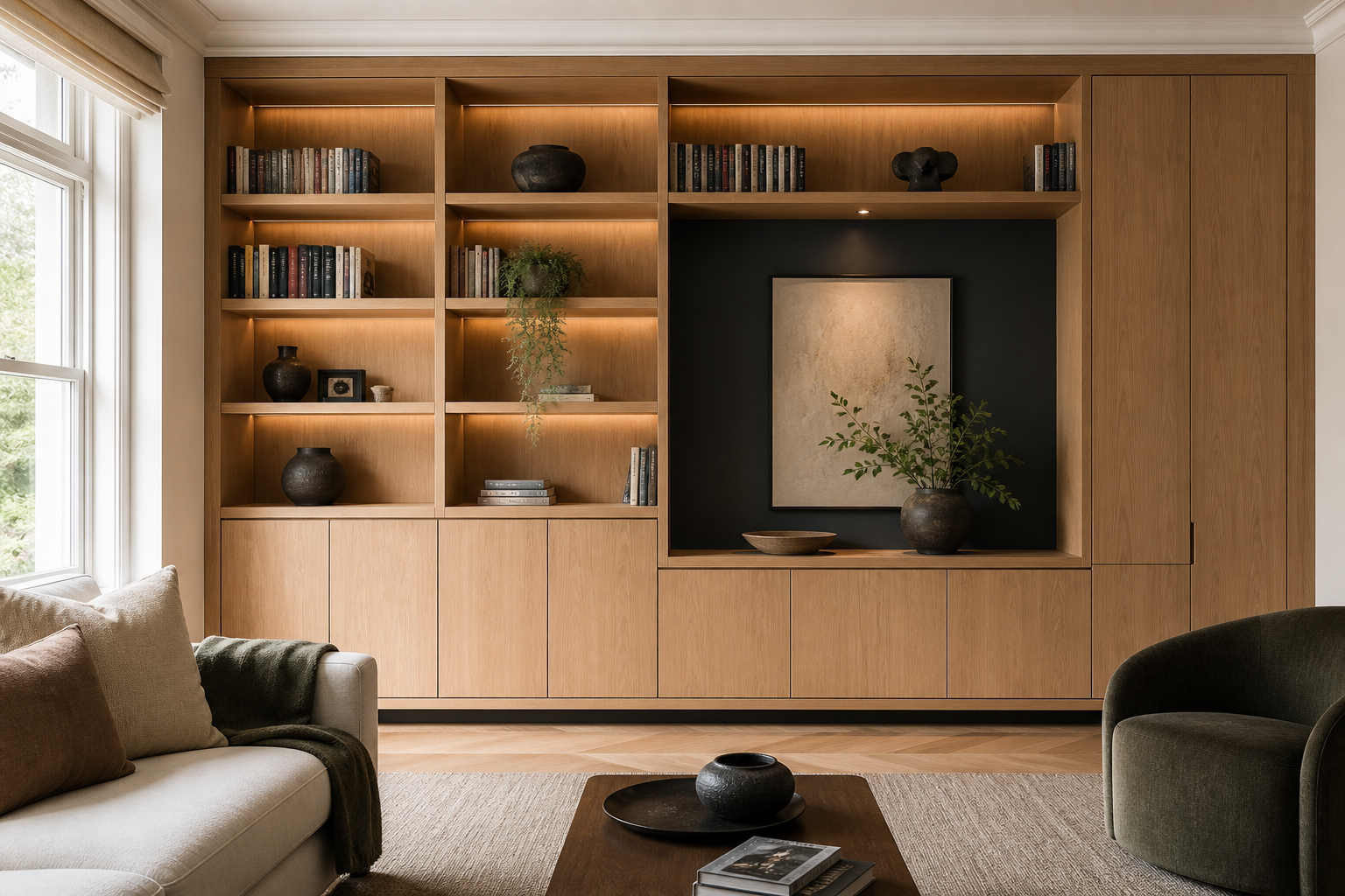 Demonstration of full-wall oak fitted joinery with integrated shelf lighting