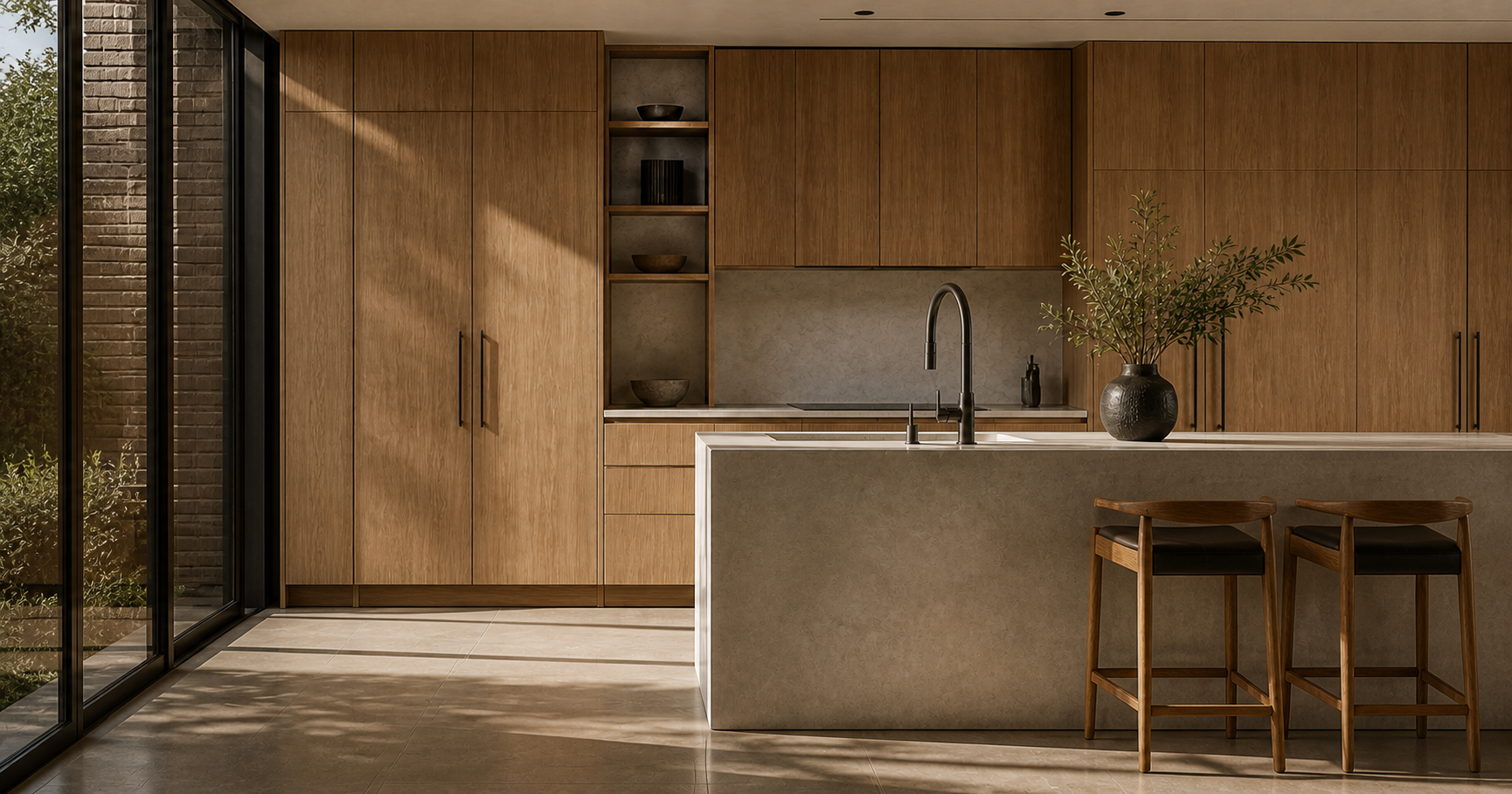 Warm oak kitchen with stone island and full-height glazing