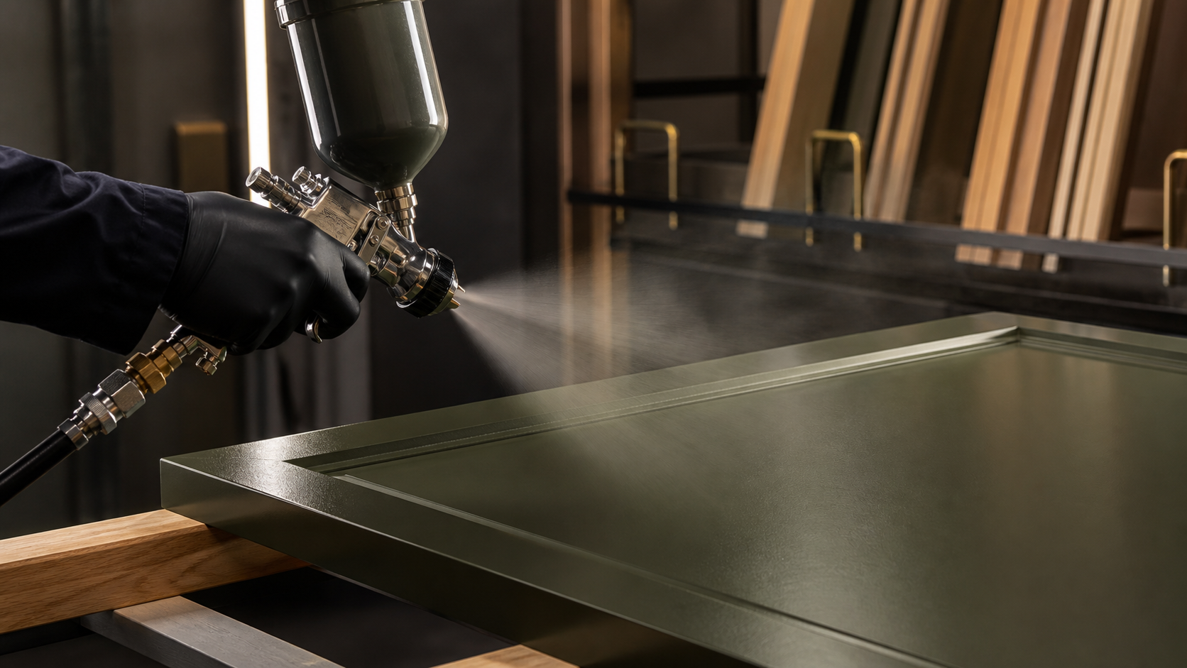 Professional spray gun applying an olive satin finish to a bespoke cabinet door