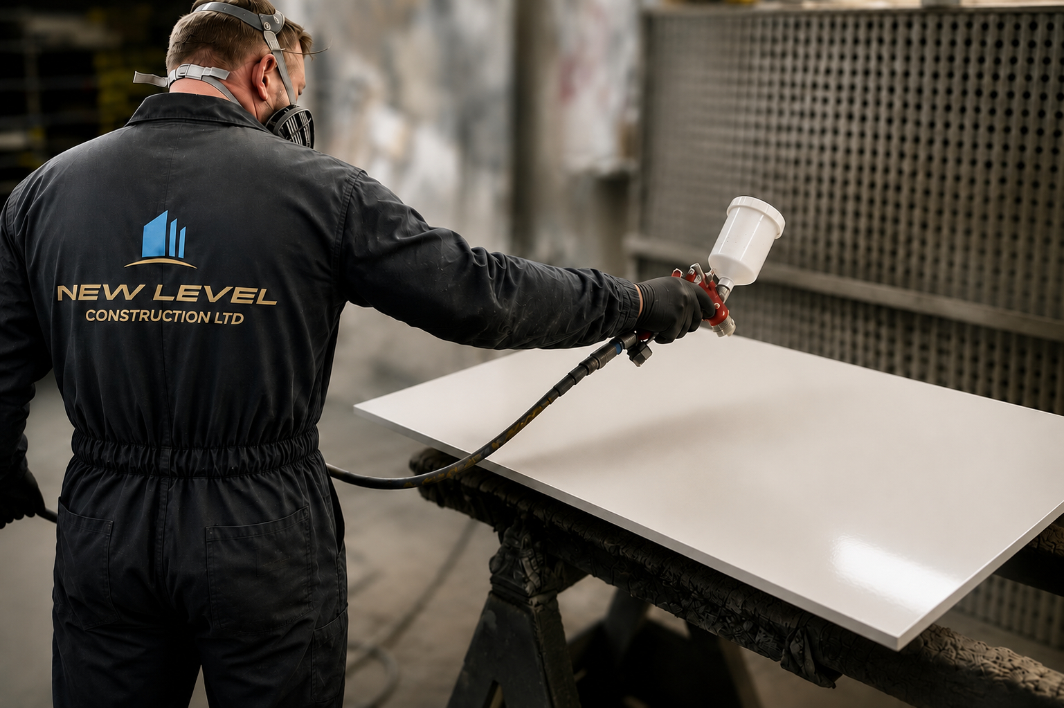 New Level spray finisher applying a white coating to a panel in the spray booth