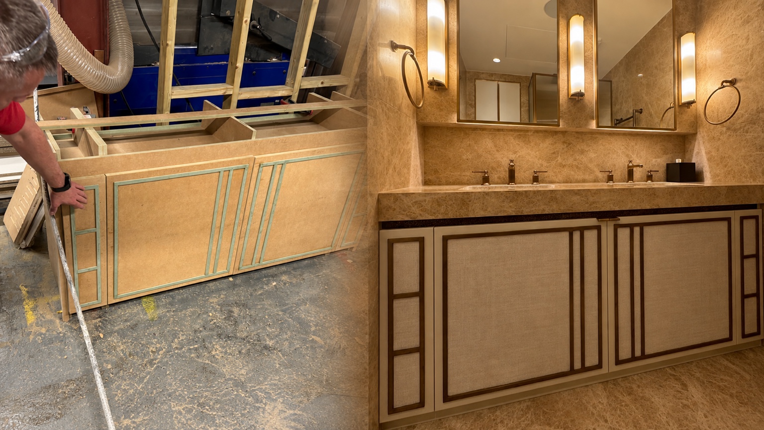 Unfinished MDF bathroom cabinetry in the workshop beside the completed installed vanity