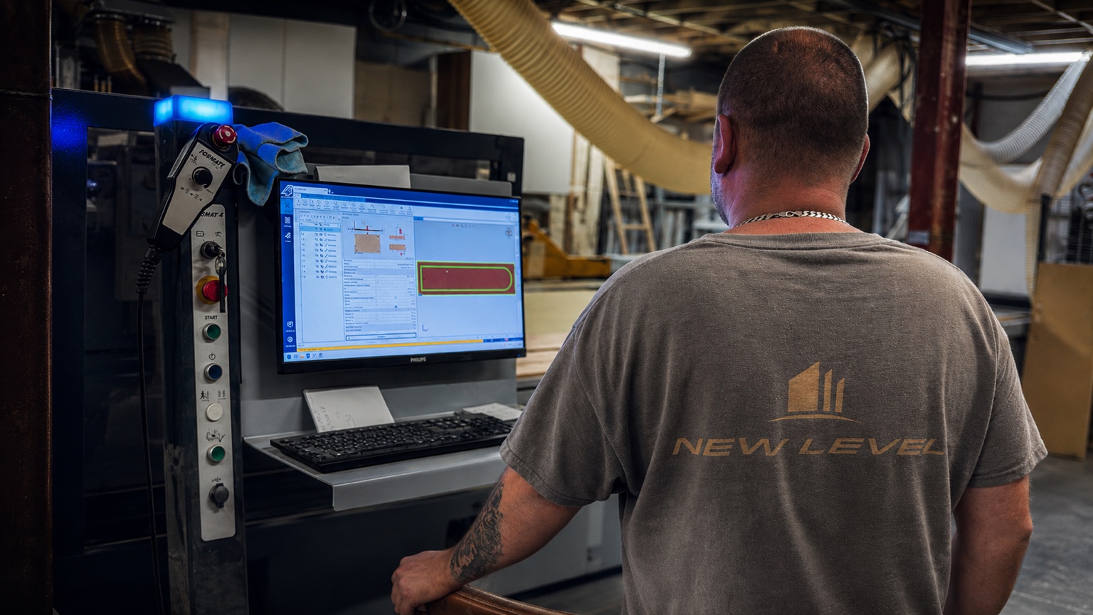 New Level workshop operator at the CNC control station with the machining monitor and production floor visible